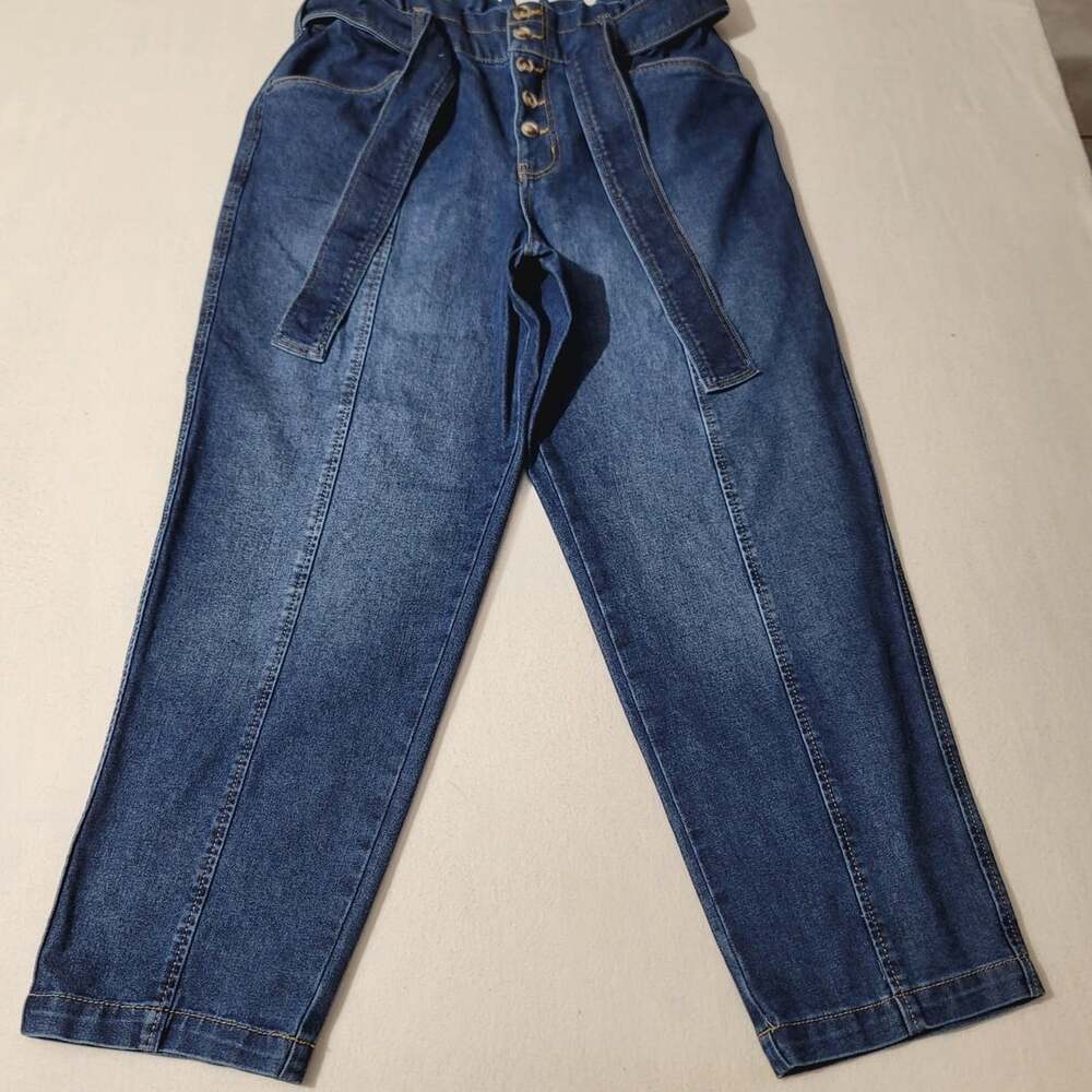 Time and Tru Paperbag Jeans Size 14 Blue High-Rise Button Front Belted Denim